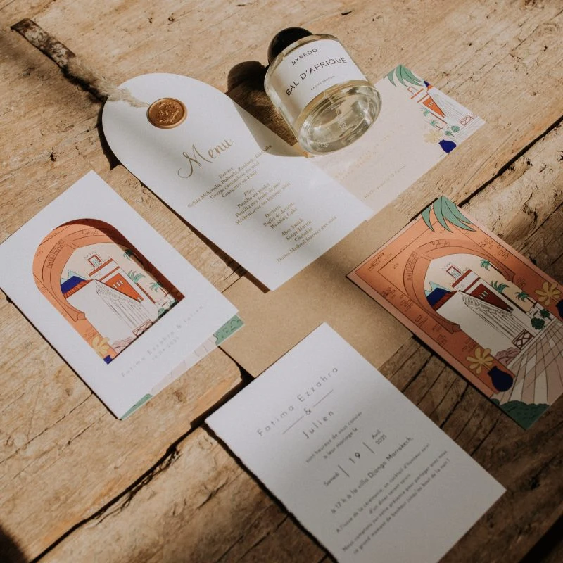 Papeterie de mariage et menu illustré, mariage à Marrakech